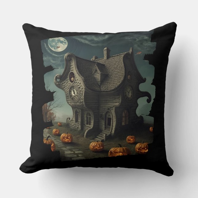 Haunted Halloween House with Pumpkins & Full Moon Cushion (Front)