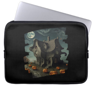 Haunted Halloween House with Pumpkins & Full Moon Laptop Sleeve