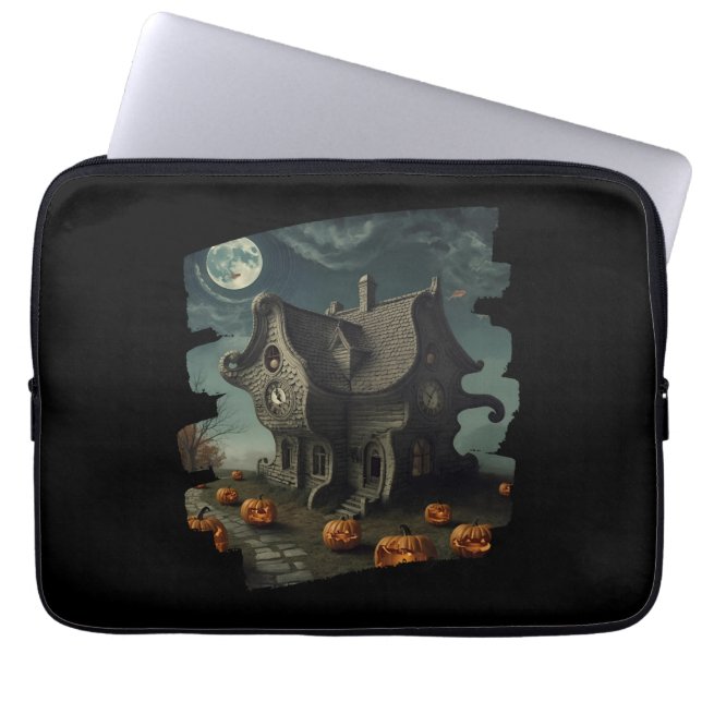Haunted Halloween House with Pumpkins & Full Moon Laptop Sleeve (Front)