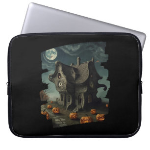 Haunted Halloween House with Pumpkins & Full Moon Laptop Sleeve
