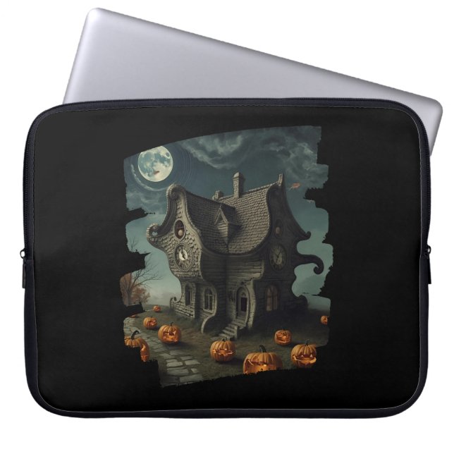 Haunted Halloween House with Pumpkins & Full Moon Laptop Sleeve (Front)