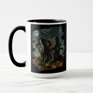 Haunted Halloween House with Pumpkins & Full Moon Mug
