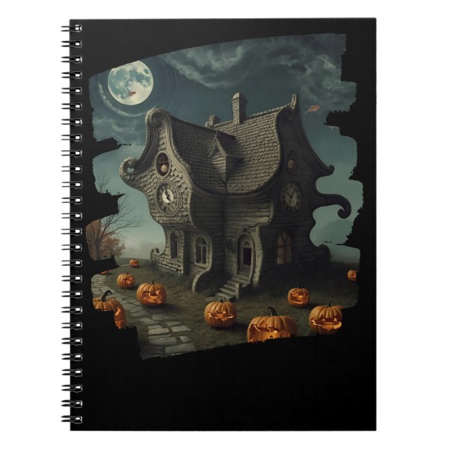 Haunted Halloween House with Pumpkins & Full Moon Notebook (Front)