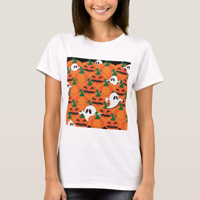 Haunted Halloween Pumpkin Patch Ghosts T-Shirt (Front)