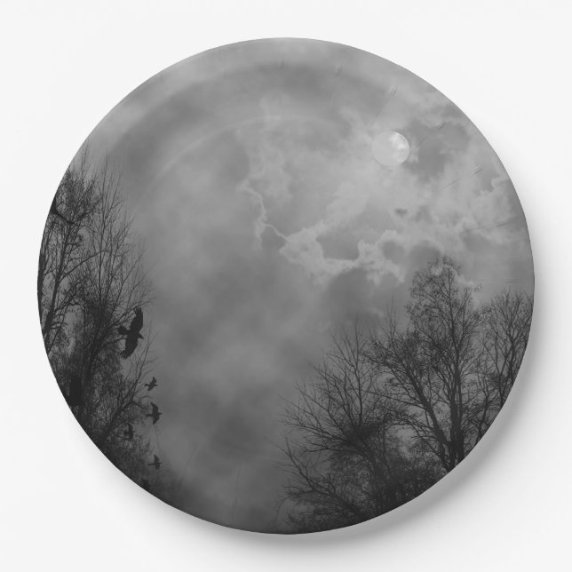 Haunted Halloween Sky with Ravens Paper Plate (Front)