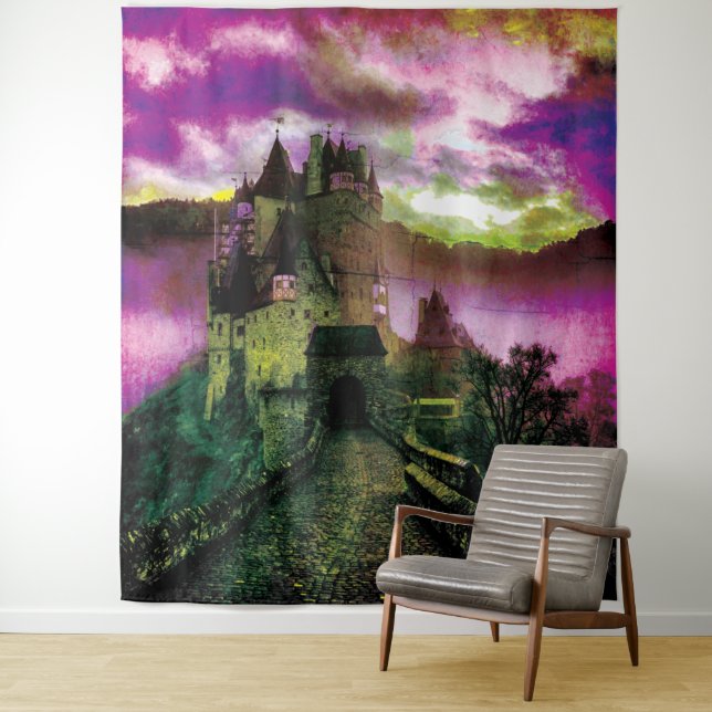 Haunted Halloween Spooky Castle Photo Backdrop Tapestry (In Situ)