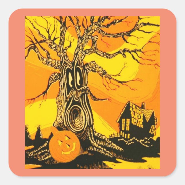 Haunted Halloween Tree Square Stickers (Front)