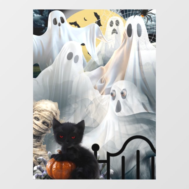 Haunted Halloween with Ghosts, Mummy,and Black Cat Window Cling (Sheet)