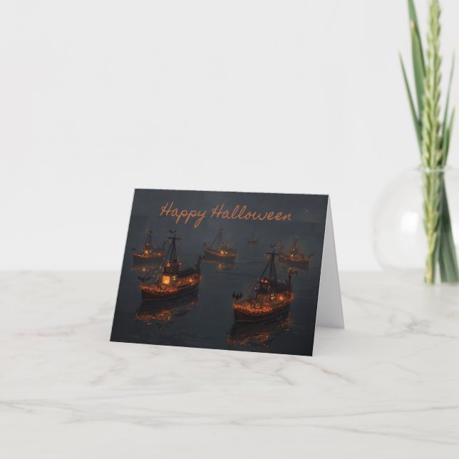 Haunted Harbour Lights – Spooky Halloween Boat Car Thank You Card (Front)