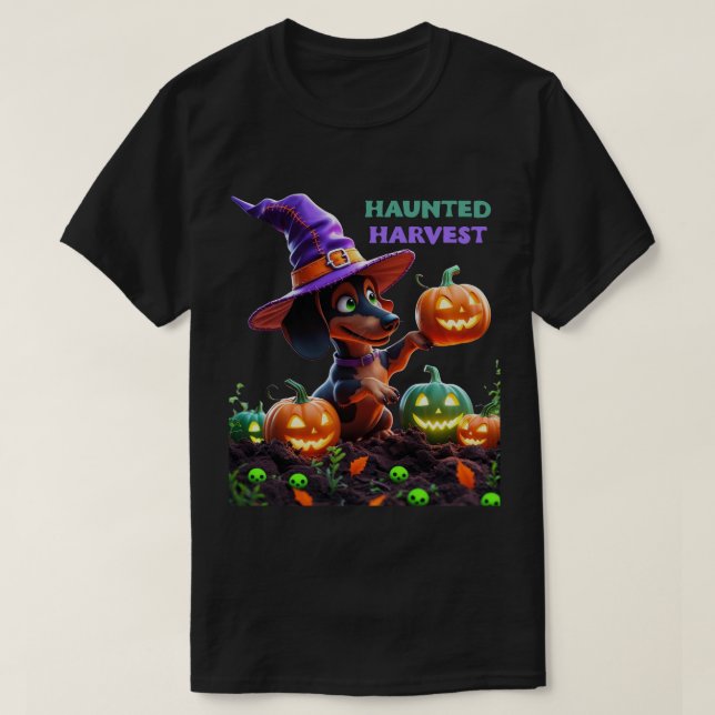 Haunted Harvest – Witchy Dachshund Halloween Garde T-Shirt (Design Front)