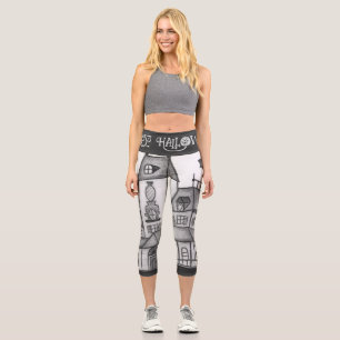 Haunted House and Bats Halloween Capri Leggings