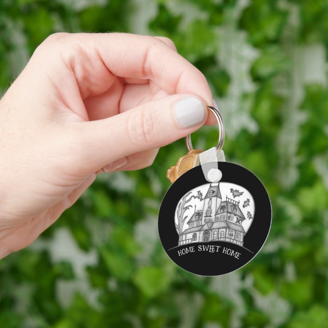 Haunted House and Bats Halloween  Key Ring (Hand)