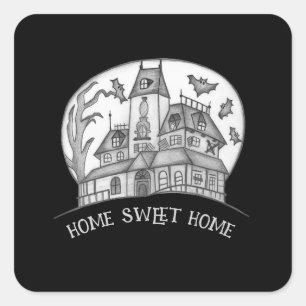 Haunted House and Bats Halloween Square Sticker