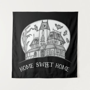 Haunted House and Bats Halloween Tapestry