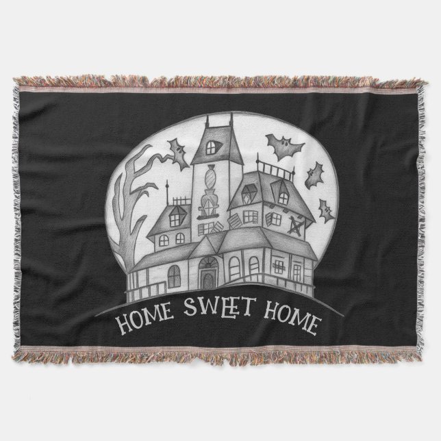 Haunted House and Bats Halloween  Throw Blanket (Front)