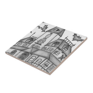 Haunted House and Bats Halloween Tile