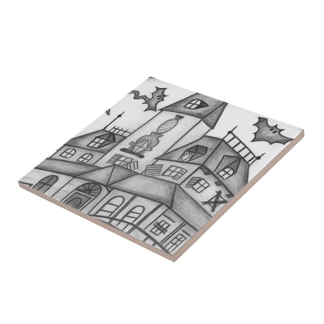 Haunted House and Bats Halloween  Tile (Side)