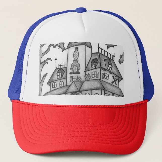 Haunted House and Bats Halloween  Trucker Hat (Front)