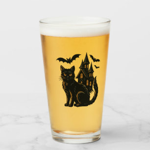 Haunted house and black cat glass