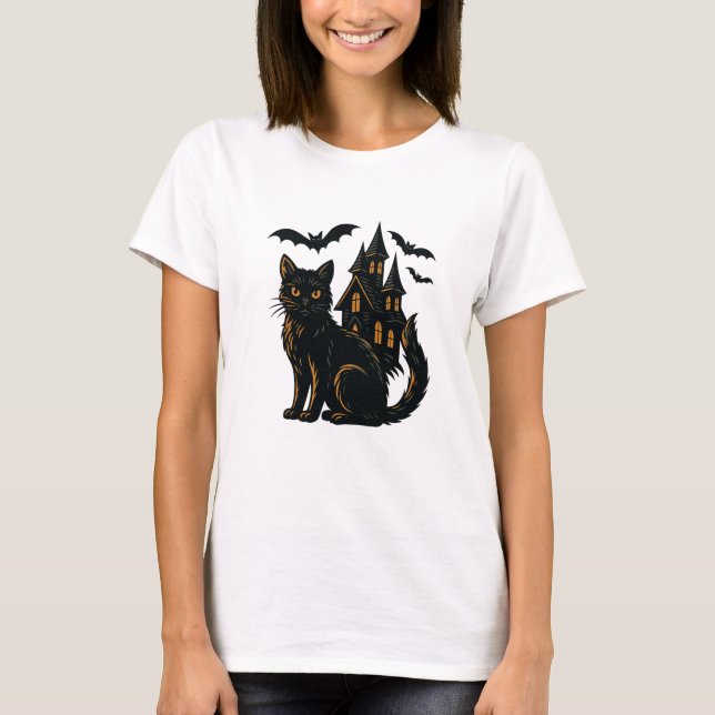 Haunted house and cat T-Shirt (Front)
