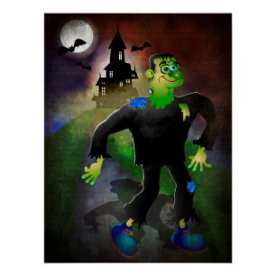 Haunted house and Cute Monster Poster