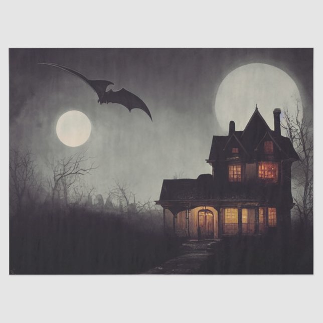 Haunted House and Flying Creature Decoupage Tissue Paper (Front)