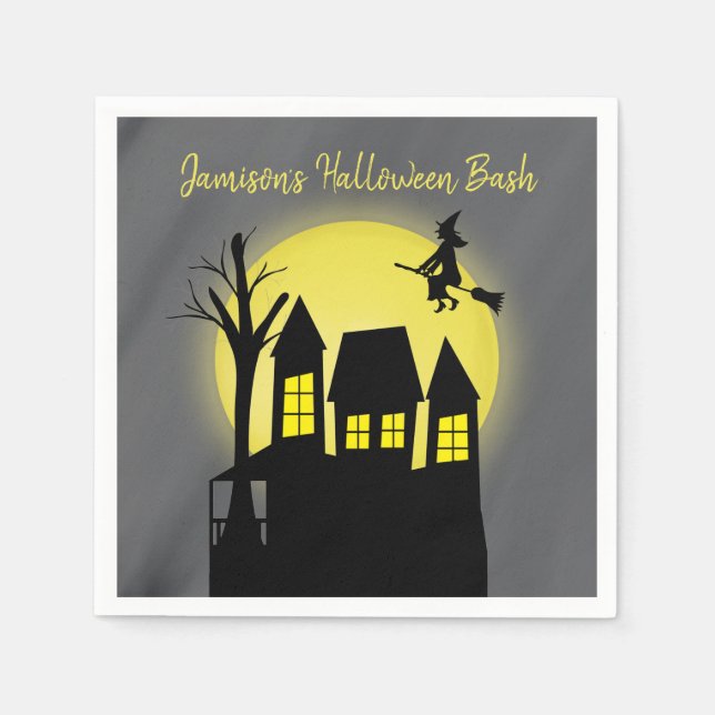 Haunted House and Flying Witch with Moonlight Napkin (Front)
