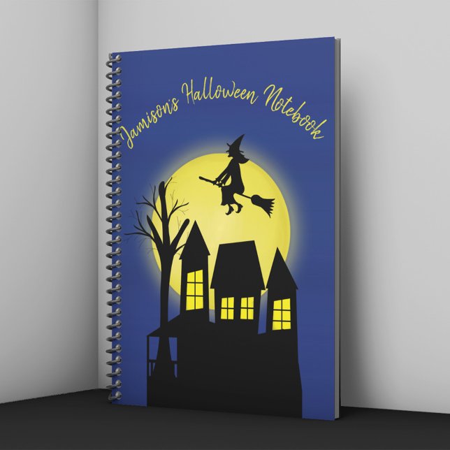 Haunted House and Flying Witch with Moonlight Notebook (Personalized Halloween notebook with witch flying over haunted house and glowing moon.)