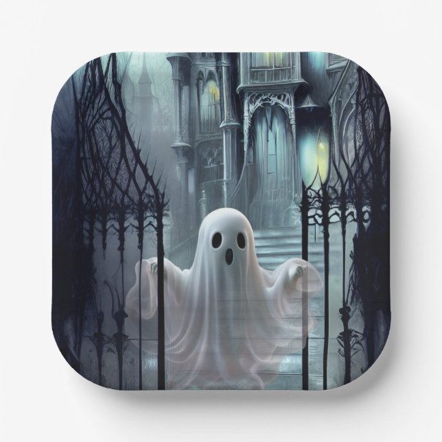 Haunted House and Ghost Paper Plate (Front)