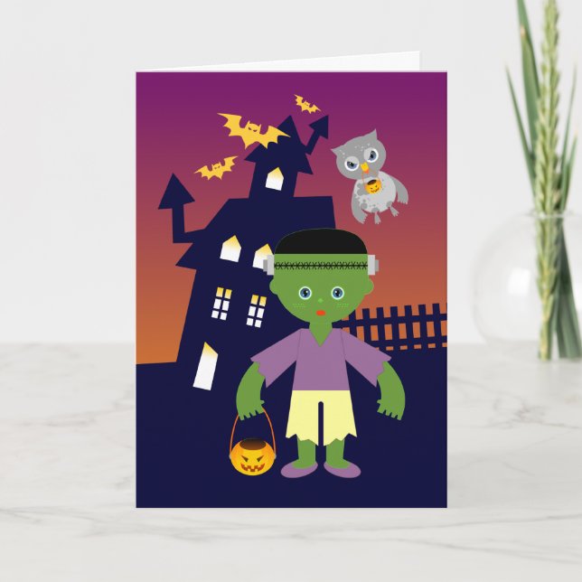 Haunted House and Halloween witch and Frankenstein Card (Front)