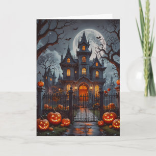 Haunted House and Jack O' Lanterns Halloween Holiday Card