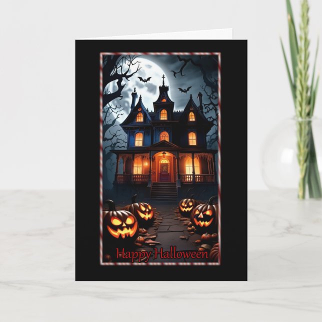 Haunted House and Pumpkins Halloween Card (Front)