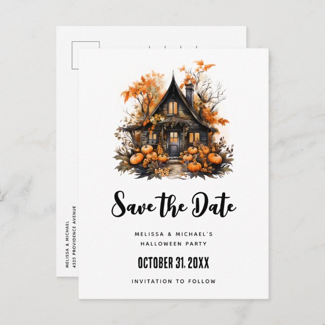 Haunted House and Pumpkins Halloween Save the Date Invitation Postcard (Front/Back)