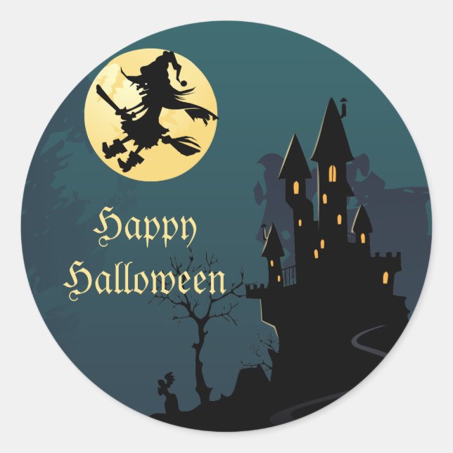 Haunted House and Witch Silhouette Classic Round Sticker (Front)