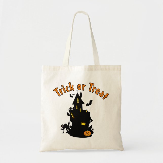 Haunted House Bats and Black Cat Trick or Treat Tote Bag (Front)