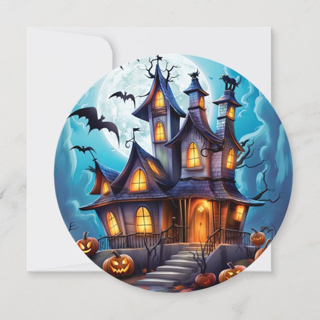 Haunted House Bats Pumpkins Halloween Card (Front)