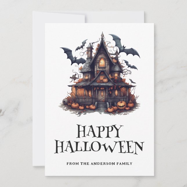 Haunted House Bats Pumpkins Halloween Card (Front)