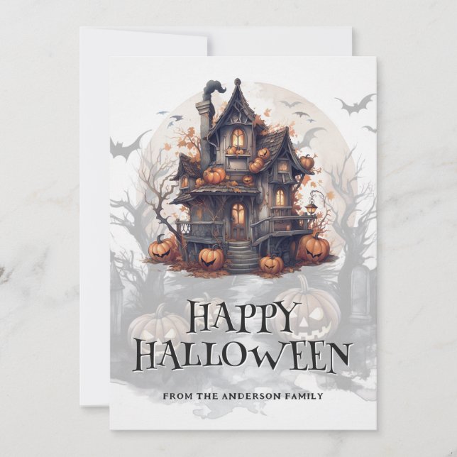 Haunted House Bats Pumpkins Happy Halloween Holiday Card (Front)