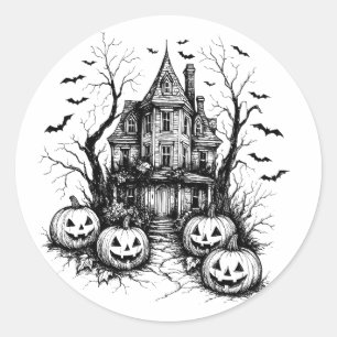 Haunted House Black and White Halloween Classic Round Sticker