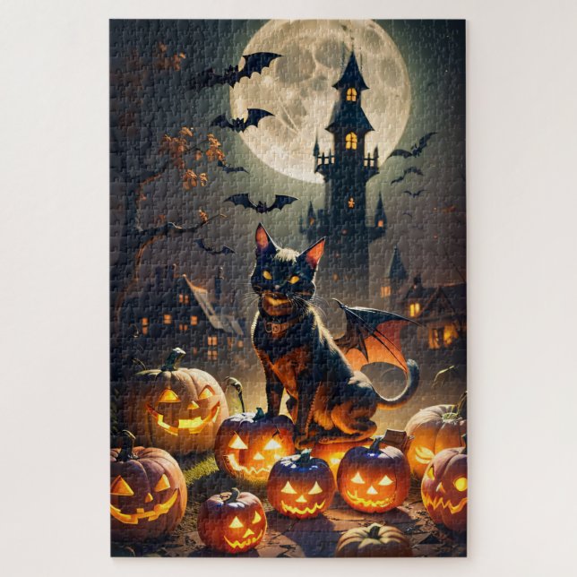 Haunted House, Black Cat Bat, Jack-o-lanterns Jigsaw Puzzle (Vertical)