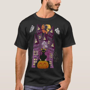 Haunted house black cat witch ghost bat scary hall T-Shirt