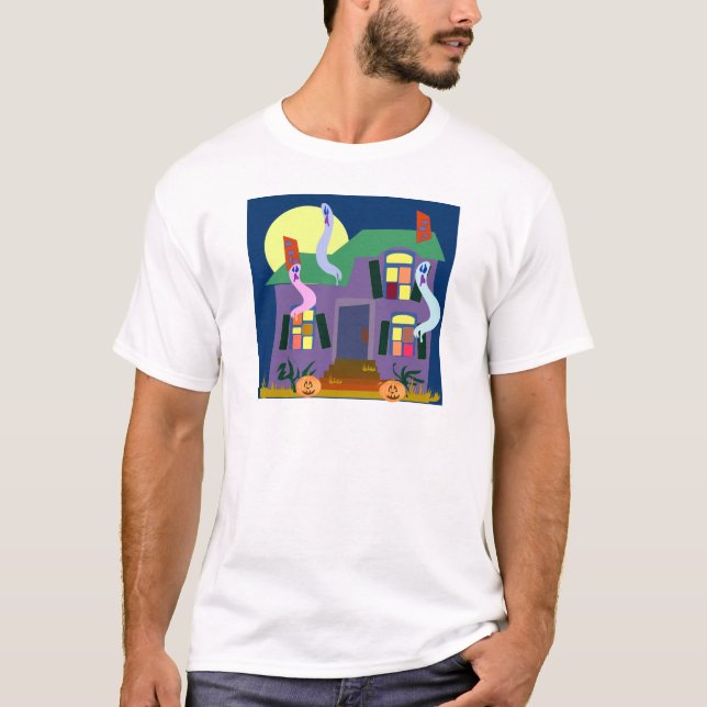 Haunted House Cartoon Ghosts Halloween Art T-Shirt (Front)