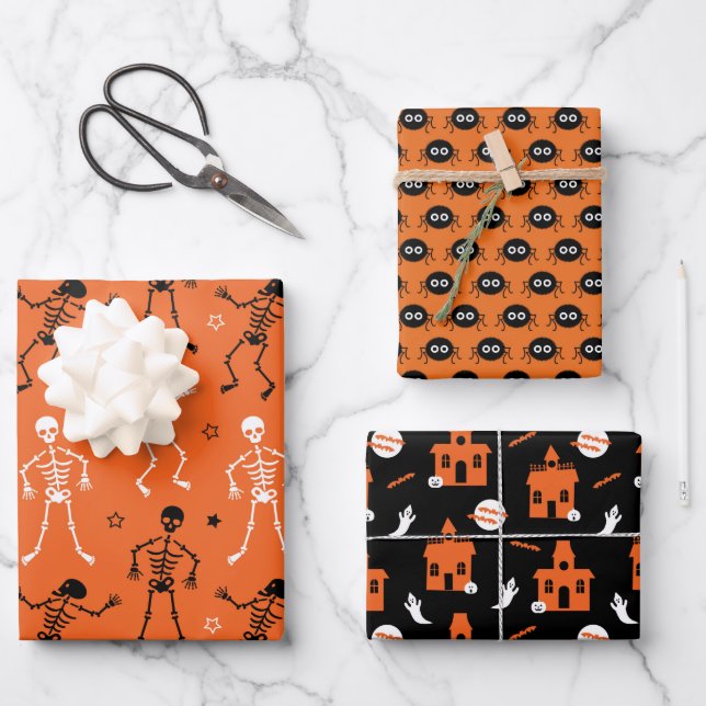 HAUNTED HOUSE, DANCING SKELETON AND SPIDERS WRAPPING PAPER SHEET (Front)