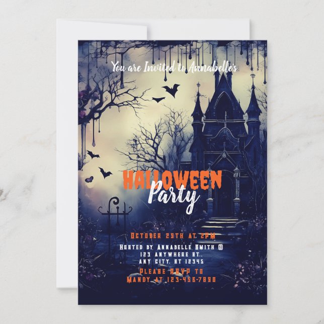 Haunted House Flying Bats Creepy Halloween Party Invitation (Front)