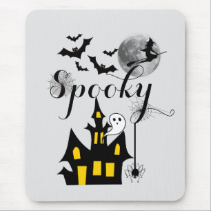 Haunted House Flying Witch Spooky Halloween Mouse Mat