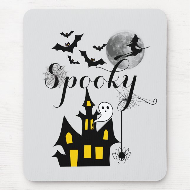 Haunted House Flying Witch Spooky Halloween Mouse Mat (Front)