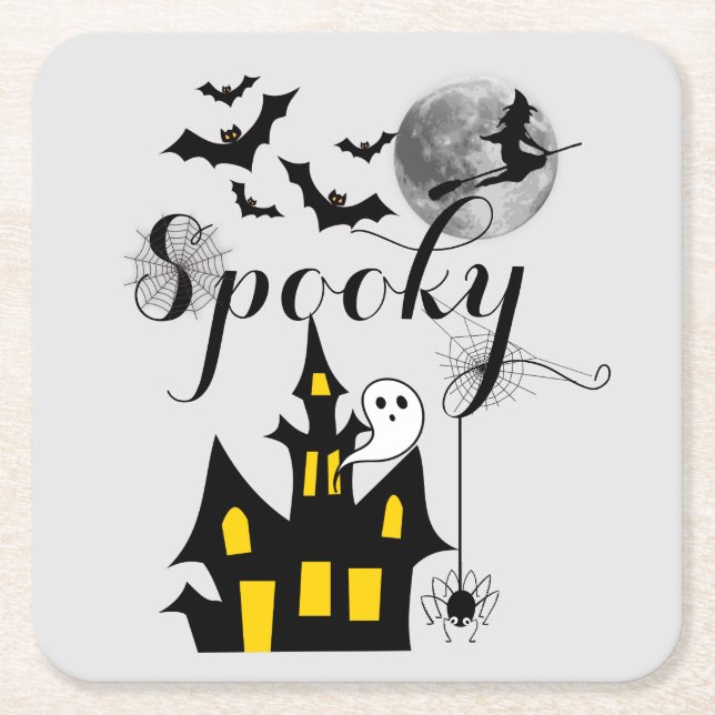 Haunted House Flying Witch Spooky Halloween Square Paper Coaster (Front)