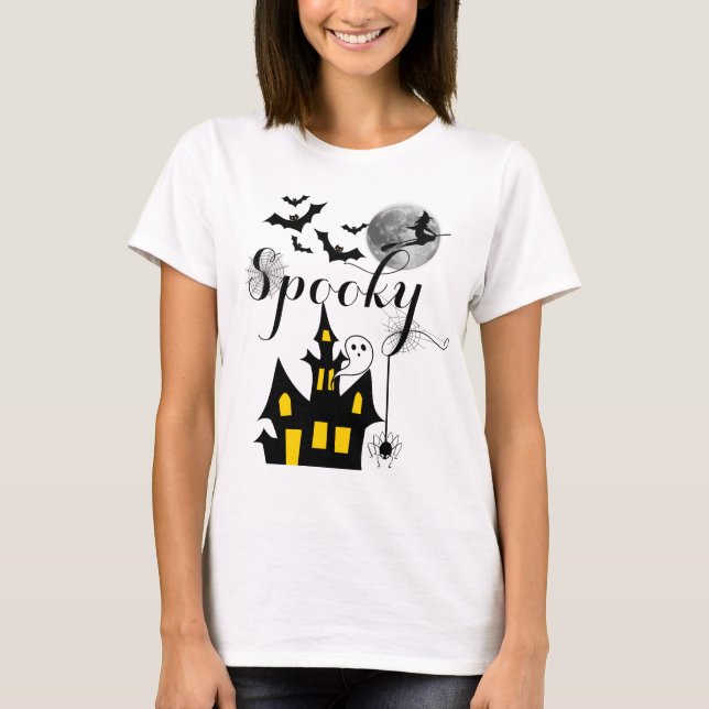 Haunted House Flying Witch Spooky Halloween T-Shirt (Front)