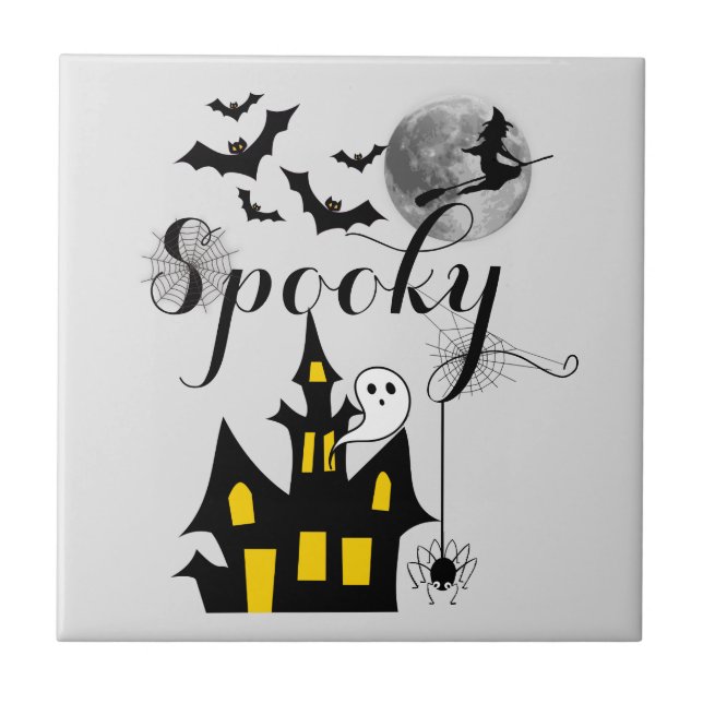 Haunted House Flying Witch Spooky Halloween Tile (Front)