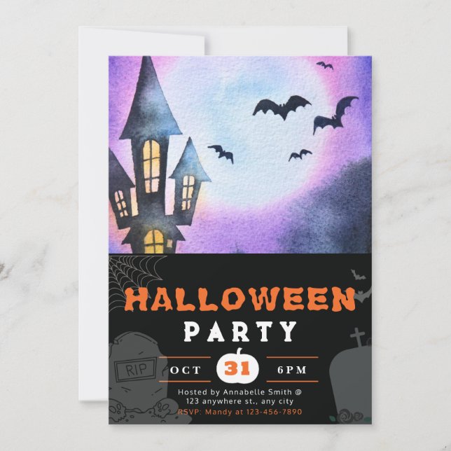 Haunted House Full Moon Bats Black Halloween Invitation (Front)